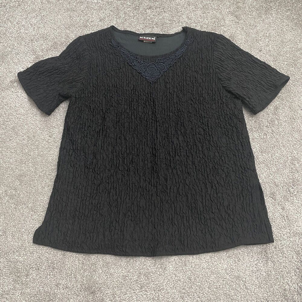 Notations Vintage Textured Top Women Small Black Embroidered Short Sleeve Casual